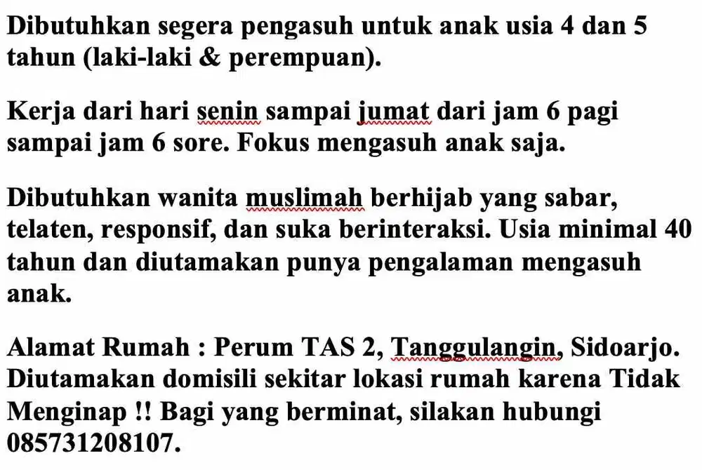 Dicari segera Pengasuh Anak !!!