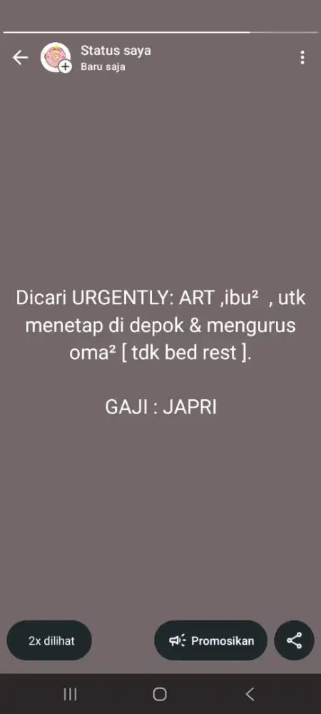 Di butuhkan segera ART dan jaga oma²