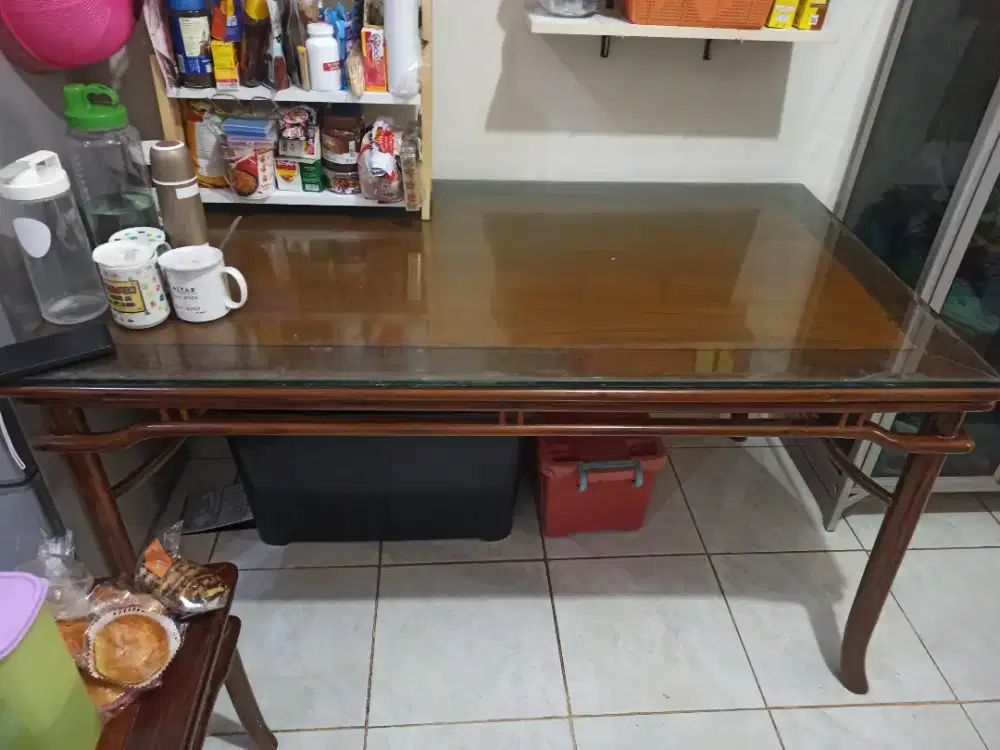 Paket meja makan jayu jati kuno dan lemari piring aluminium tebal