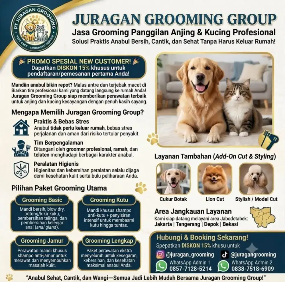 Jasa mandiin anjing dan kucing panggilan datang ke rumah pamulang