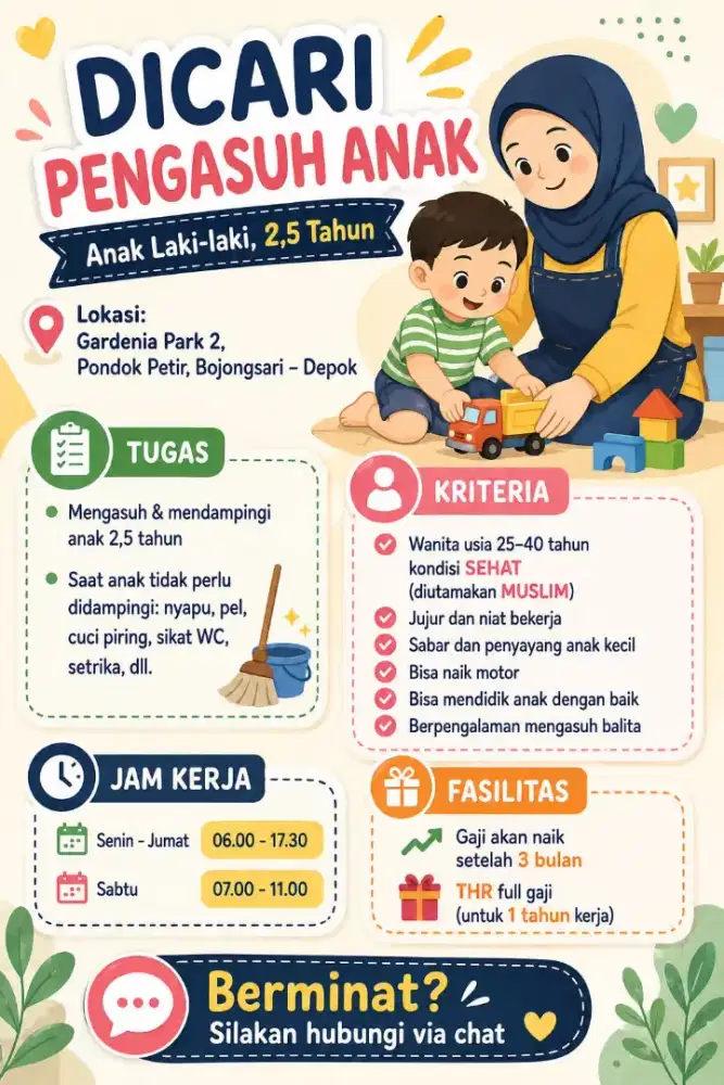 Pengasuh anak 2,5 tahun Pd Petir