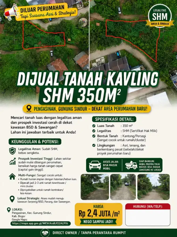 Dijual Cepat: Tanah SHM 350m² di Pengasinan, Gunung Sindur-Akses Mobil
