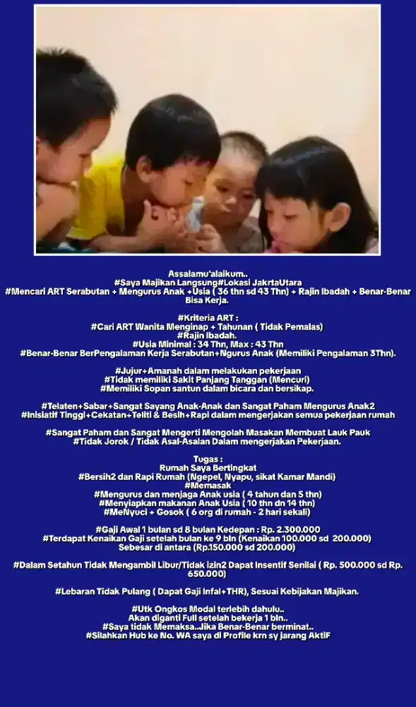 DiCari ART MeNginap(Serabutan+Ngurus Anak2+PintaRMasak+BersihRumah)