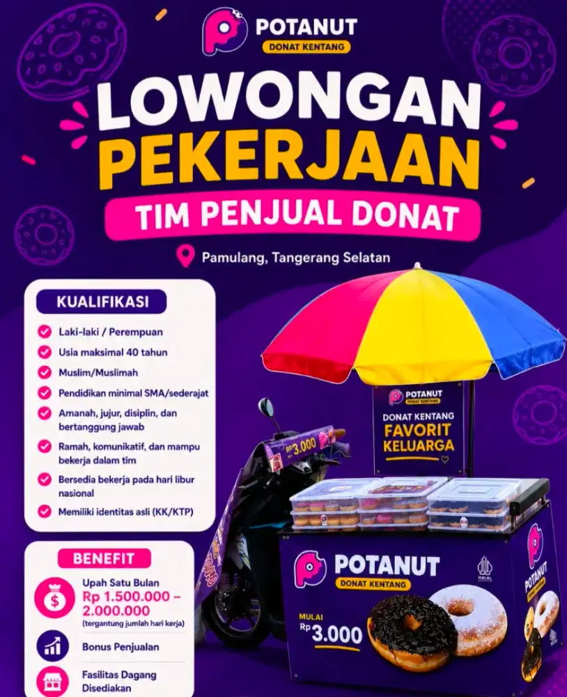 Lowongan Kerja Penjual Donat Kentang Potanut (Motor Pribadi)