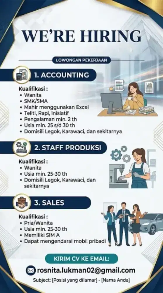 DIBUTUHKAN POSISI STAFF PRODUKSI, ACCOUNTING, & SALES