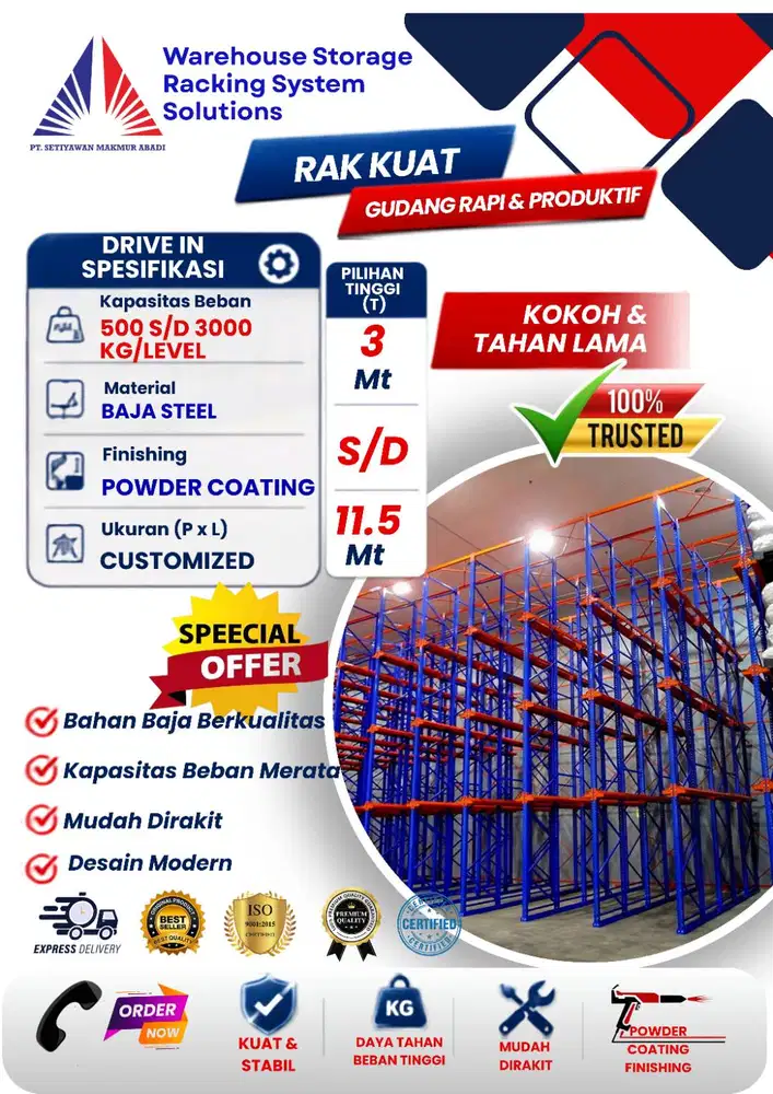 RAK GUDANG DRIVE IN KAPASITAS 500KG-2TON LEBAR CUSTOM