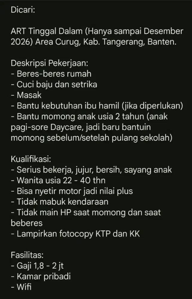 Dicari ART Nginap (Hanya sampai Desember 2026)