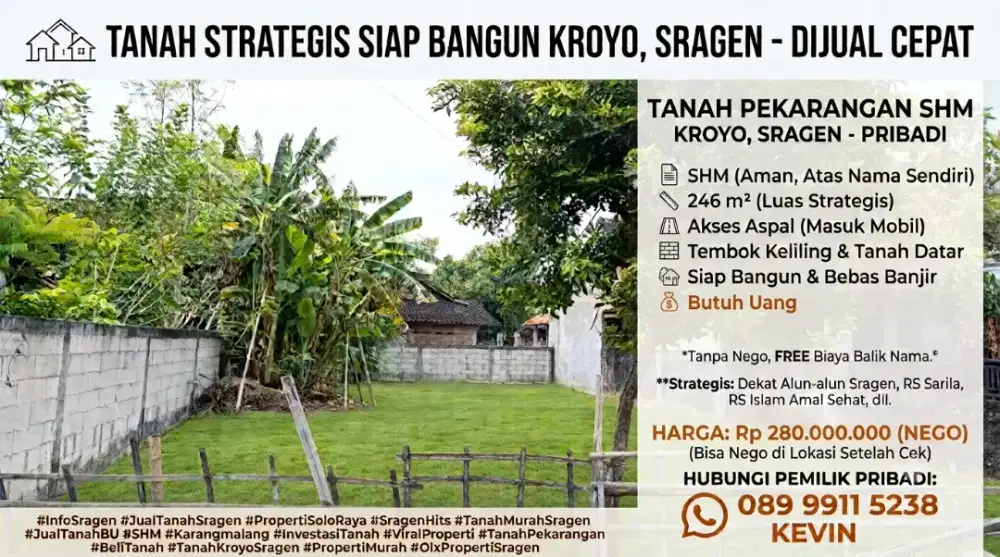 Dijual Murah Tanah Pekarangan Strategis SHM Kroyo Karangmalang Sragen