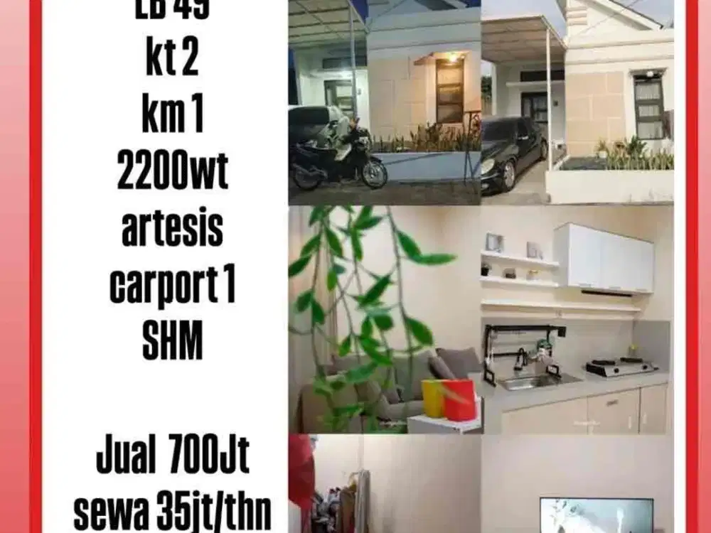 Jual / Sewa 
rumah
sayap KBP

Lt 72
LB 49
kt 2
km 1
2200wt
artesis
carport 1
SHM

hrg jual 700jt
hrg sewa 35jt/thn

AG-LN