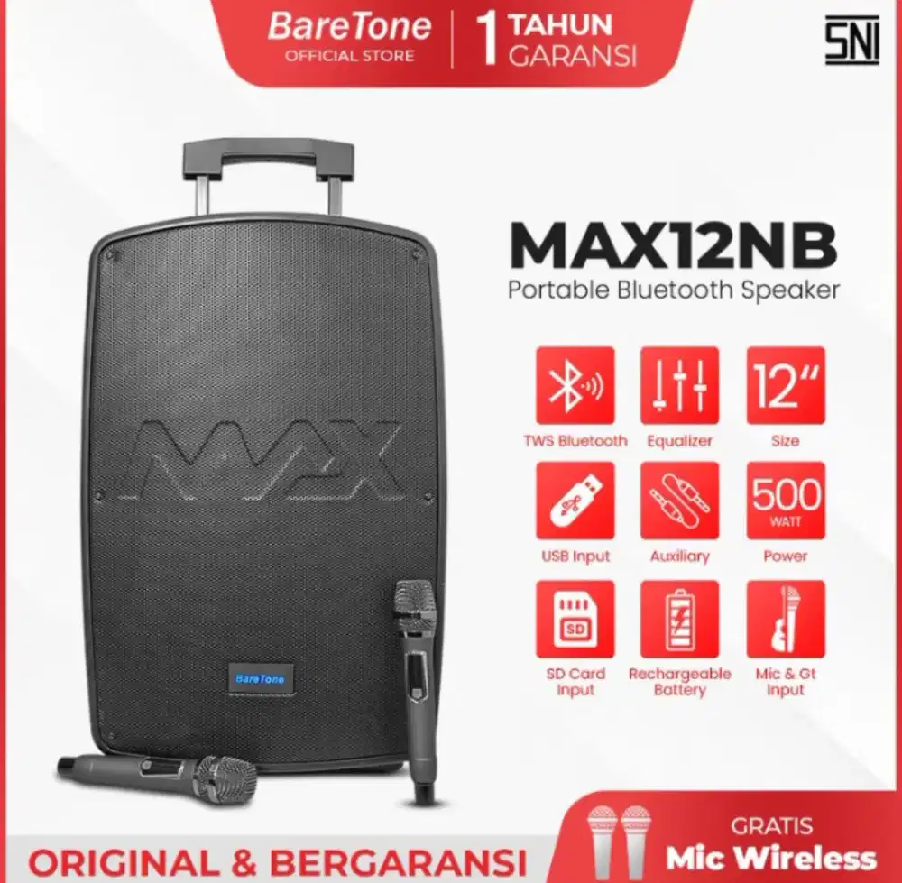 Speaker portable 12 inch Baretone max12nb bluetooth 500Watt