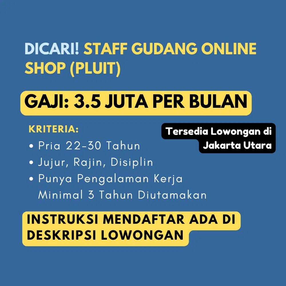 DICARI STAFF UNTUK GUDANG ONLINE SHOP RAJIN, DISIPLIN, DAN TELITI