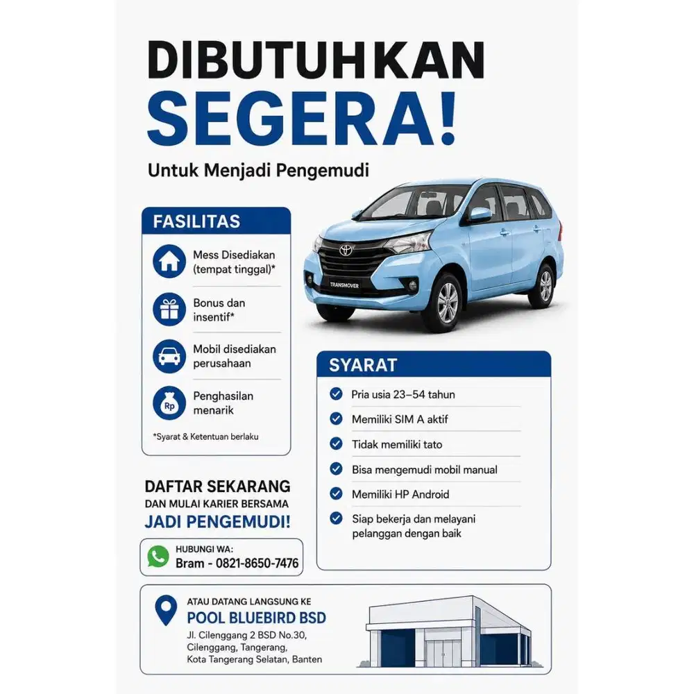 Lowongan Kerja Pengemudi Taksi Bluebird