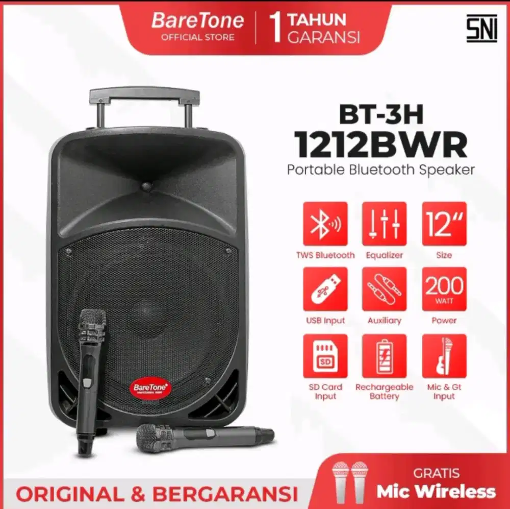 Speaker portable 12 inch baretone 1212bwr bluetooth 200Watt
