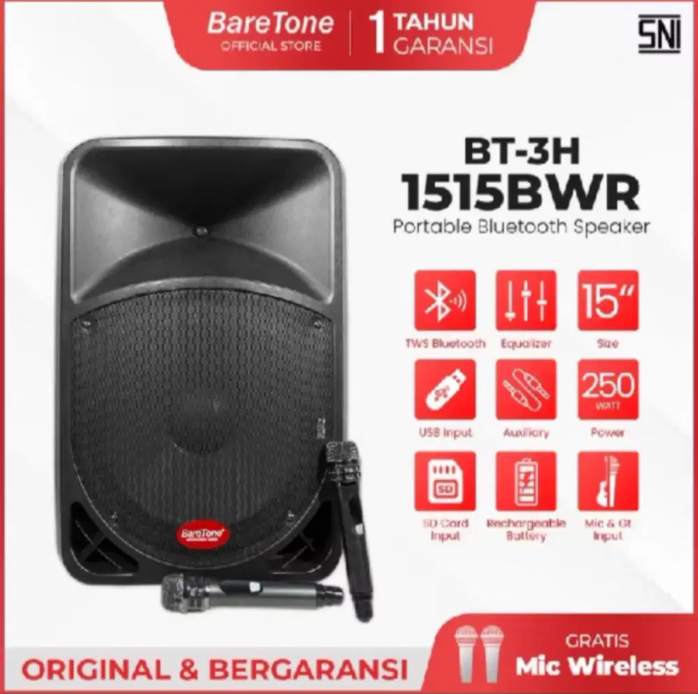 Speaker portable 15 inch baretone 1515bwr bluetooth 250Watt