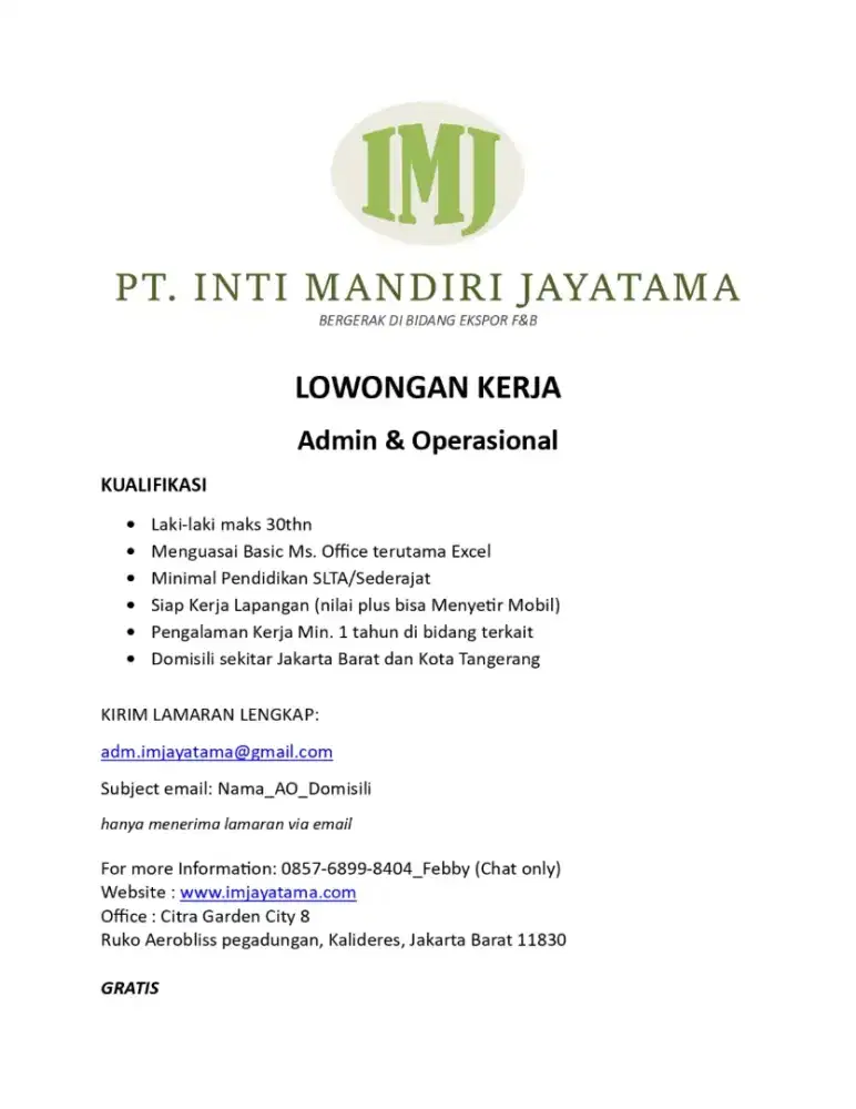 LOWONGAN ADMIN & OPERASIONAL