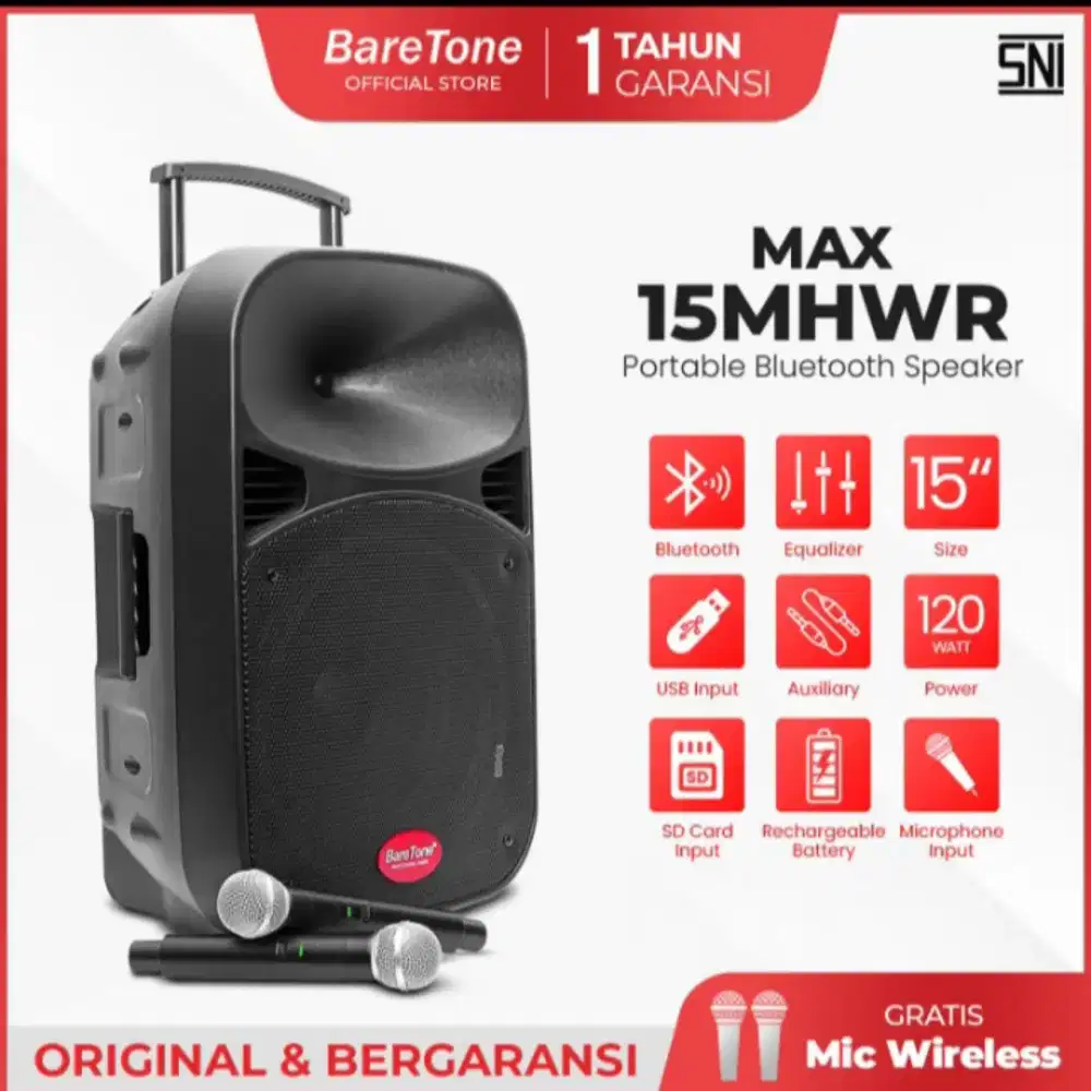 Speaker portable 15 inch baretone max15mhwr bluetooth 130Watt