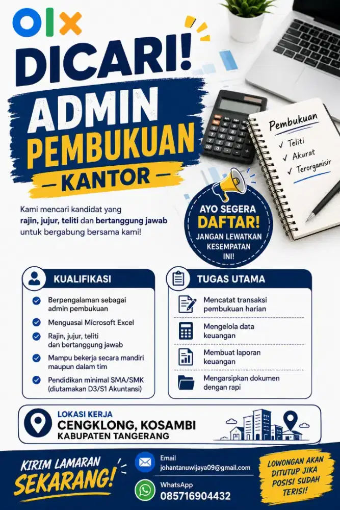 Dicari Admin Pembukuan Kantor Berpengalaman Wanita