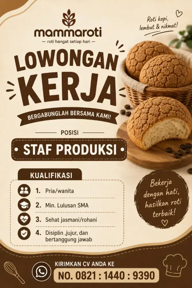 DICARI CEPAT KARYAWAN PRODUKSI MAMMA ROTI