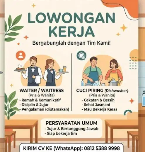 Lowongan kerja waiter dan cuci piring