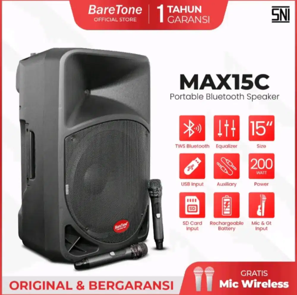 Speaker portable 15 inch baretone max15c bluetooth