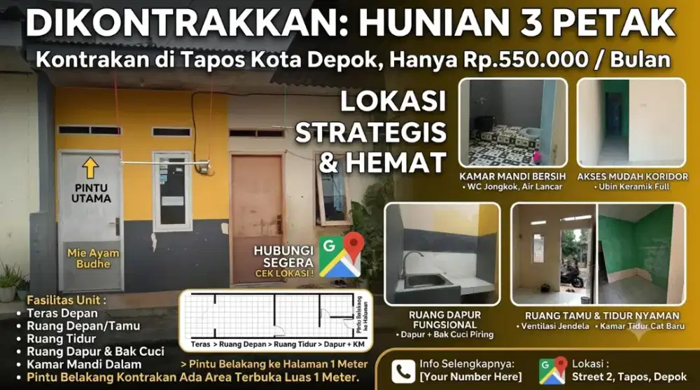 Kontrakan 3Petak Sukatani Tapos Depok DkatGaharu Residence 3 Luas 35m2