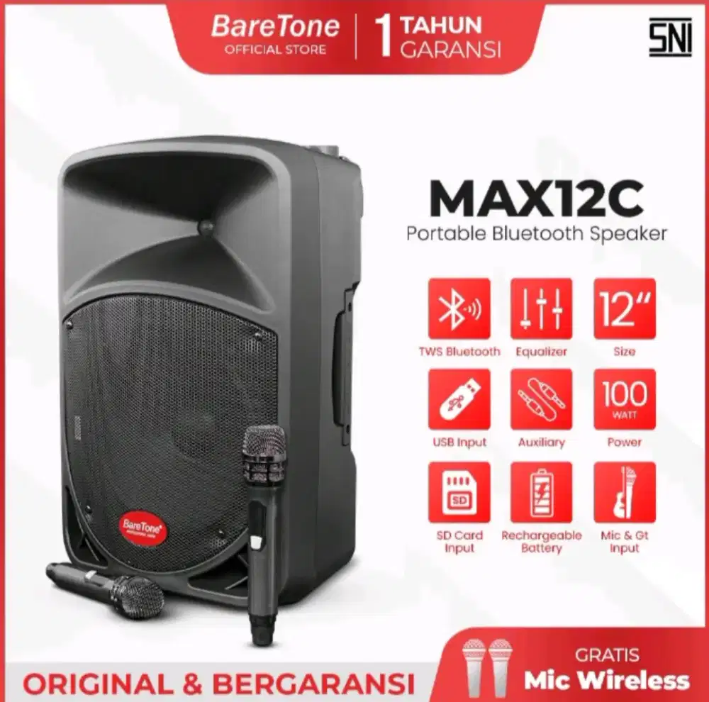 Speaker portable 12 inch baretone max12c bluetooth