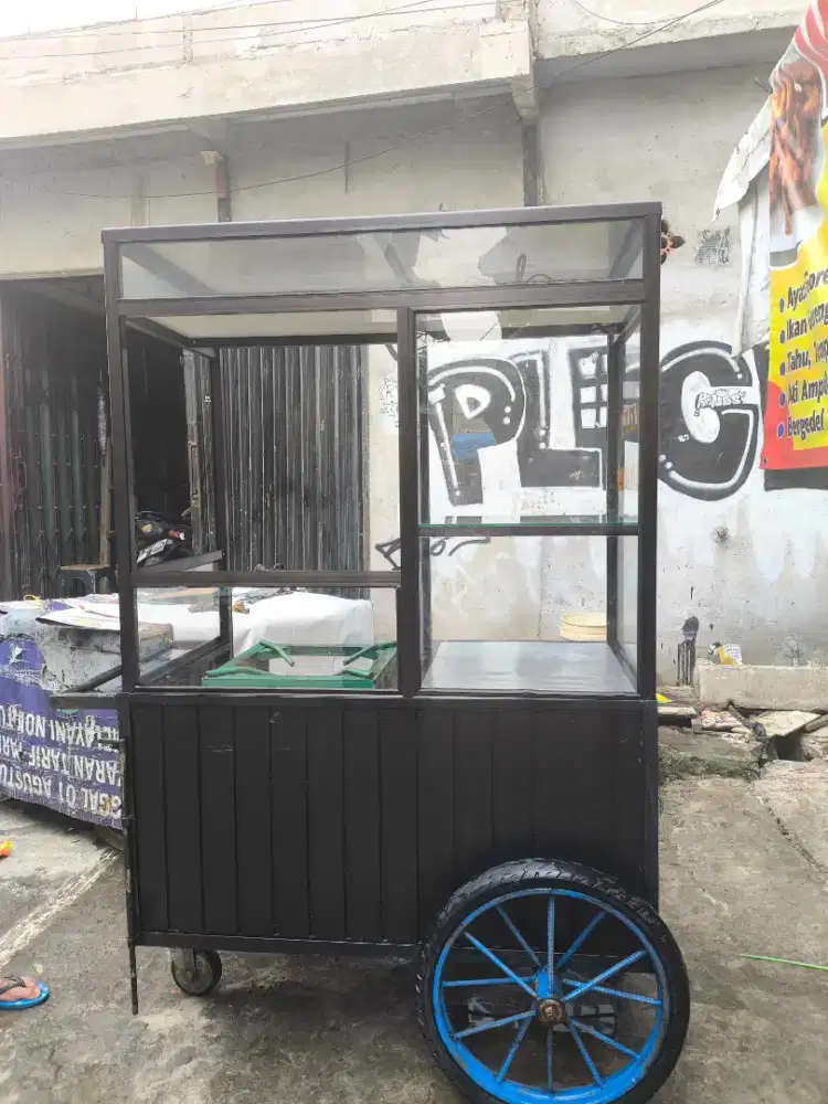 Gerobak Dorong  Hitam Siap Pakai Etalase Kaca & Dudukan Kompor