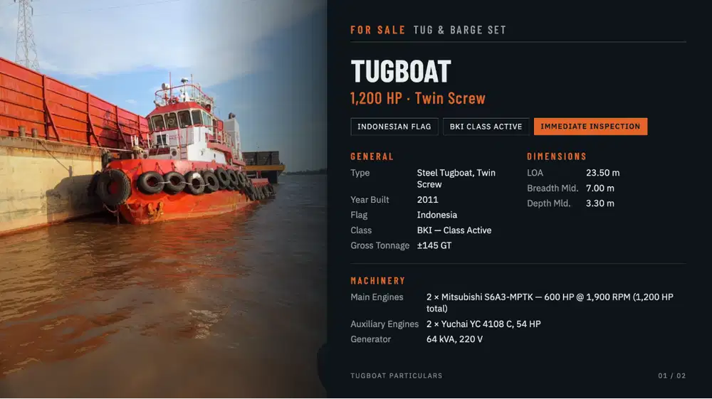 Dijual Kapal Tugboat dan Tongkang 1 Set (B04)