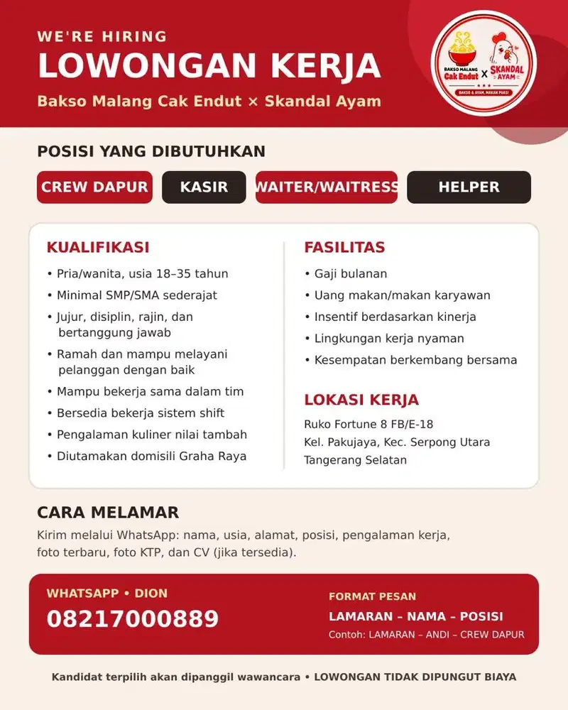 Lowongan Crew Restoran – Dapur, Kasir, Waiter & Helper Graha Raya