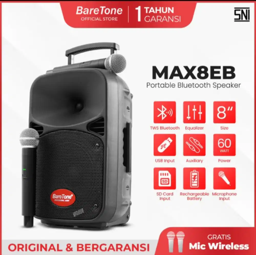 Speaker portable 8 inch baretone max8eb bluetooth