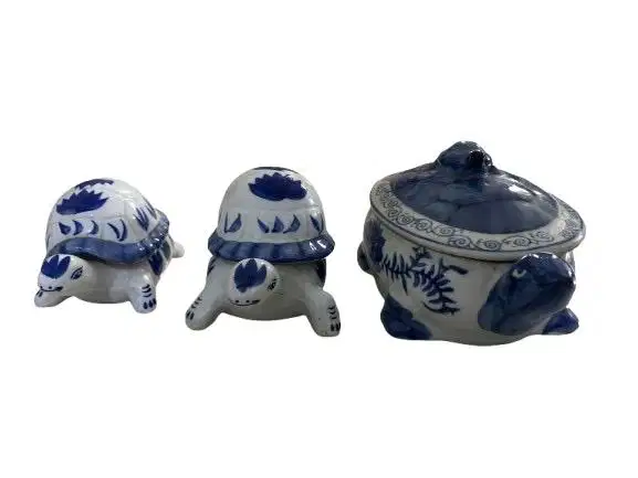 Pajangan Set 3 Kura-Kura Keramik Biru Putih Klasik / Wadah Unik