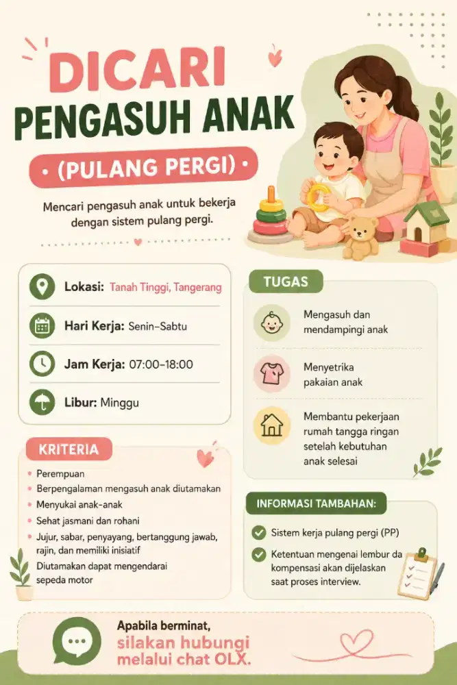 Dicari Pengasuh/Babysitter Pulang Pergi