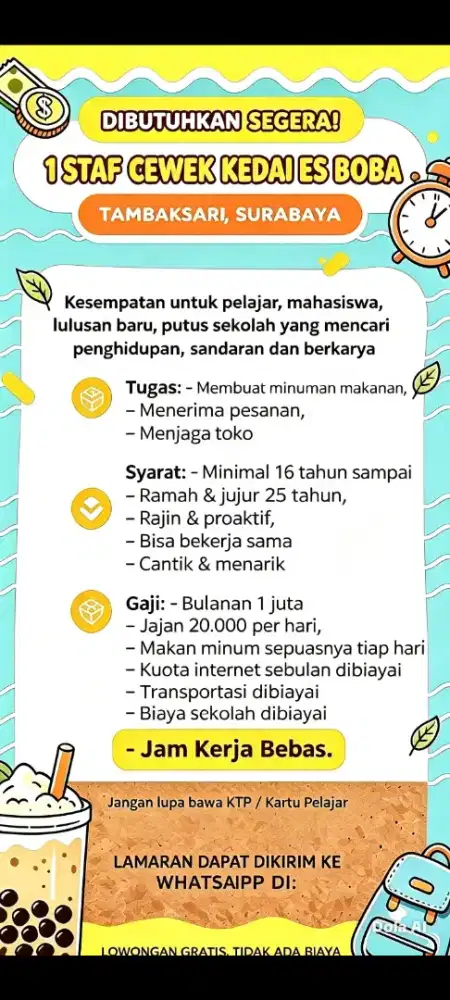 Dicari segera staff cewe serius u/ kedai boba yg sedang berkembang