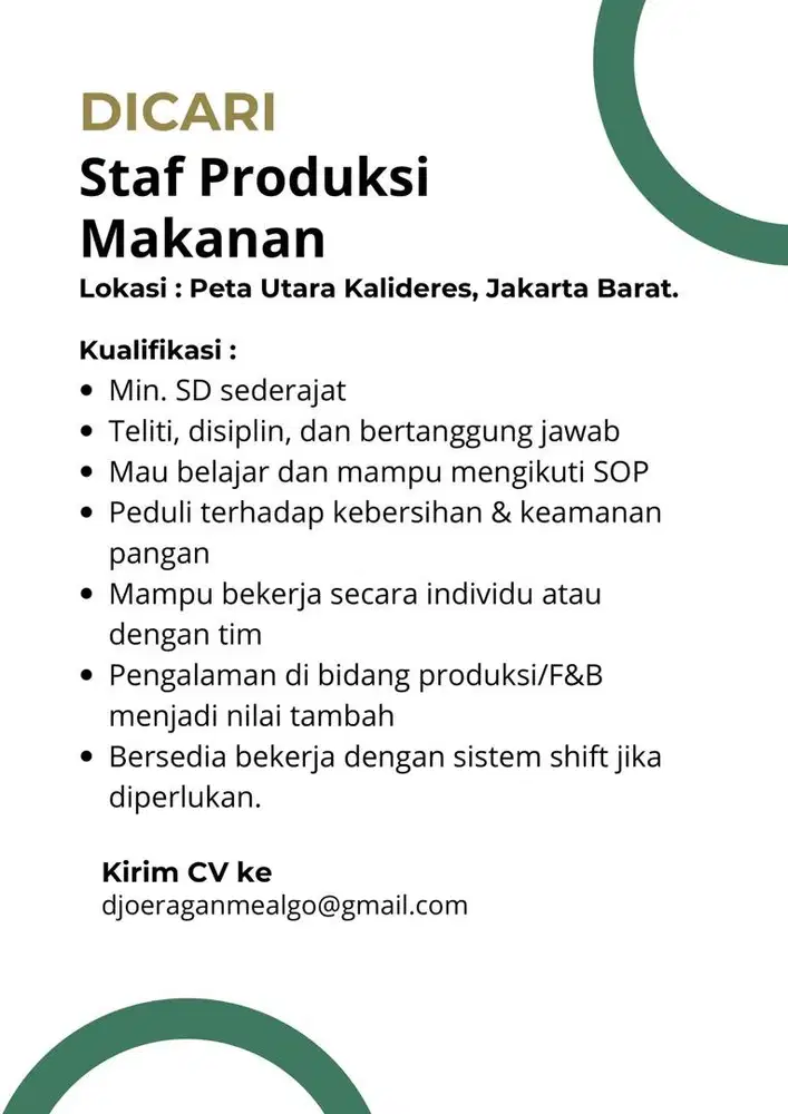 Dicari staf produksi makanan