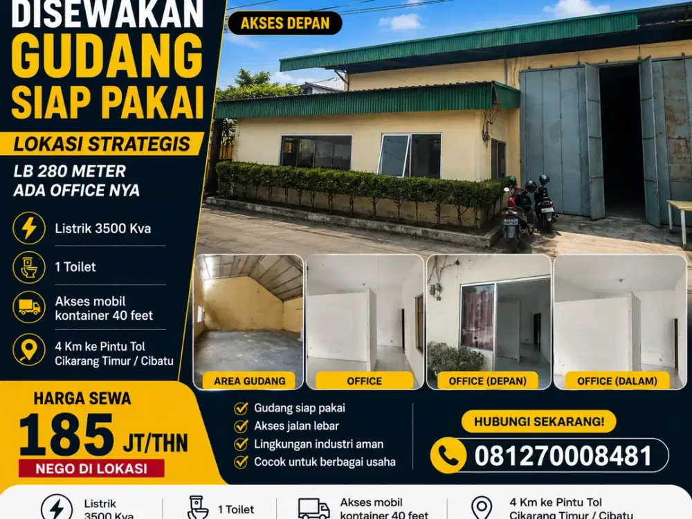 Disewakan Gudang Siap Pakai dekat JABABEKA Cikarang Utara Kab. Bekasi