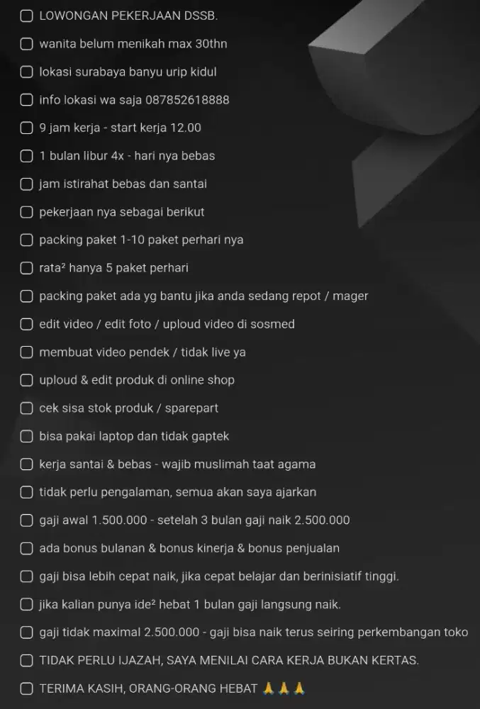 loker wanita surabaya pusat