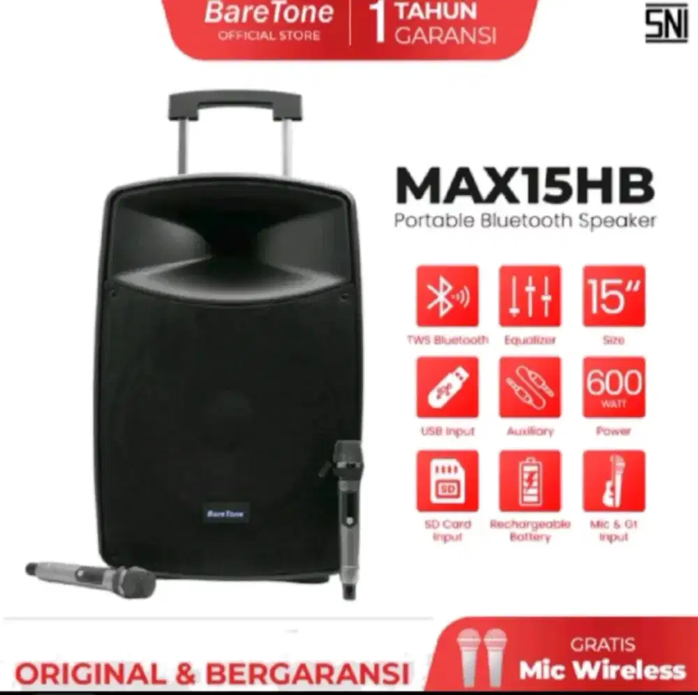 Speaker portable 15 inch baretone max15hb bluetooth 600Watt