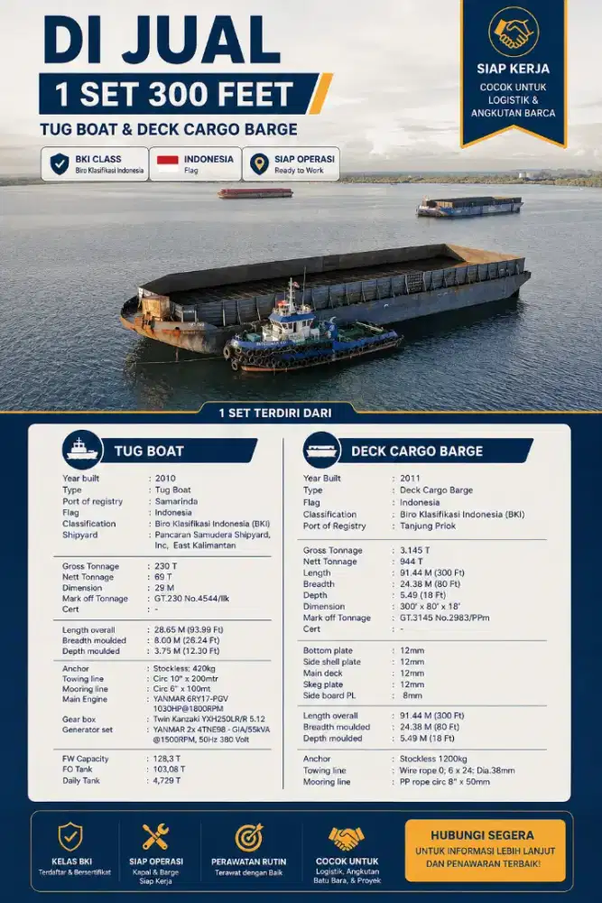 Di jual Tugboat & tongkang 300 feet tahun 2010 - 2011