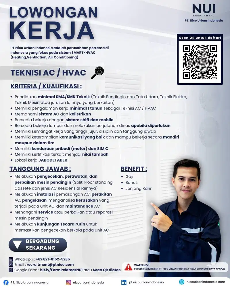 LOWONGAN KERJA TEKNISI AC / HVAC