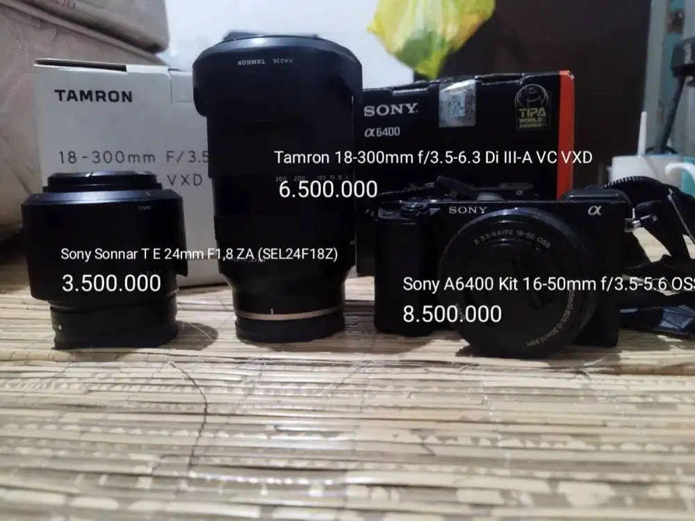 Sony a6400 + kit 16-50mm + Fix 24 zeis + Tamron 18-300mm n