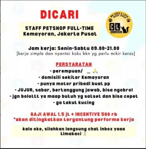mencari karyawati untuk kasir petshop (kucing)