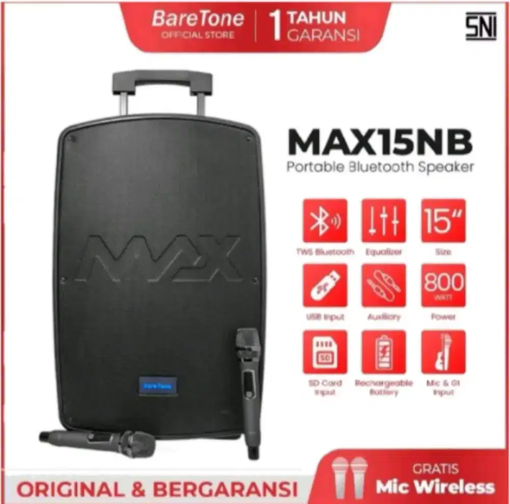 Speaker portable 15 inch baretone max15nb bluetooth 800Watt