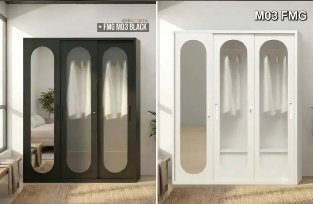 New 3 Pintu Kaca Lemari Pakaian Full Besi