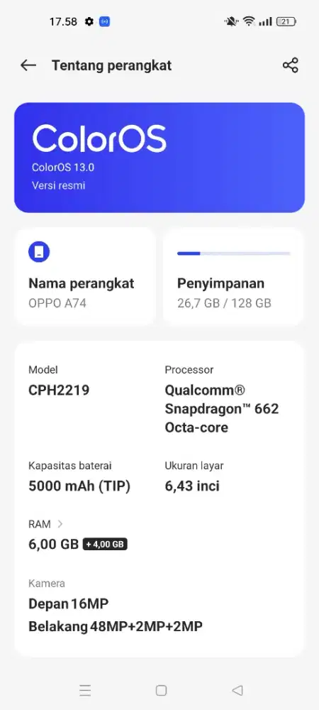 Dijual hp Oppo a74 RAM 6