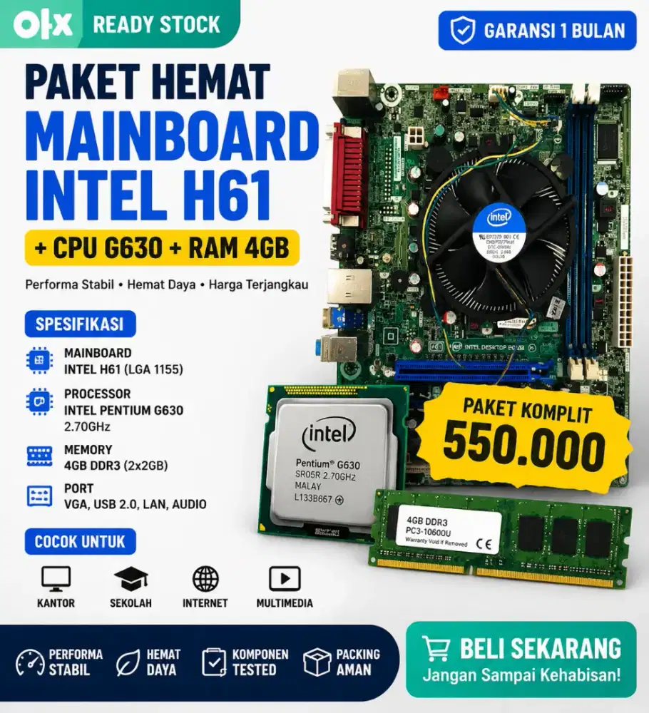 Mainboard Intel H61 + CPU G630 + RAM 4GB – Murah & Bergaransi