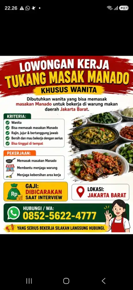 DICARI TUKANG MASAK MENADO