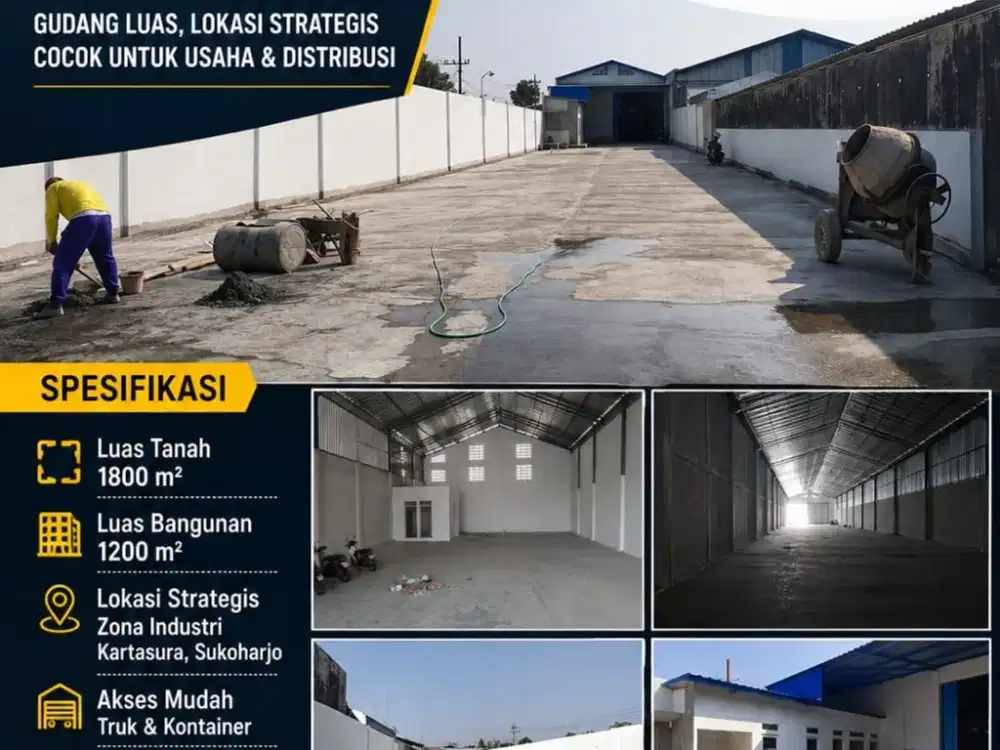 Disewakan Gudang Kawasan Industri Lokasi Super Strategis Kartasura, Sukoharjo Luas 1800m2