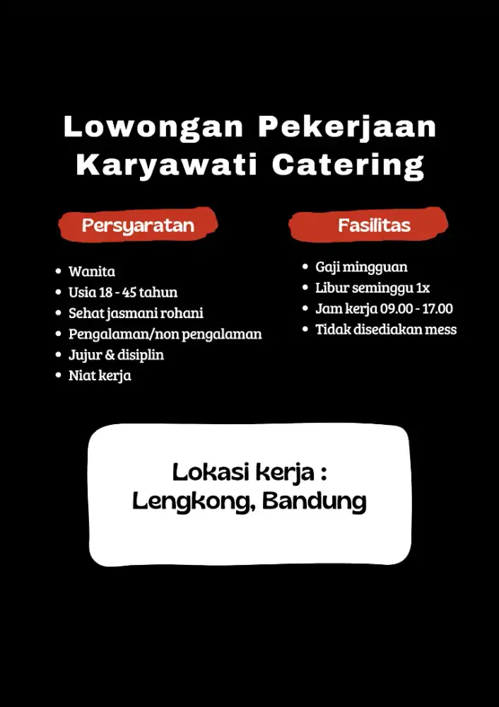 Lowongan Kerja Wanita Karyawan Catering Bandung