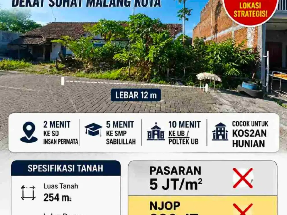 tanah murah dibawah harga NJOP kondisi BU SEGERA bagus buat investasi, dibangun kos, atau rumah huni lokasi di ikan gurame dekat SMP sabilillah dekat futsal SM sudimoro suhat dan dekat kampus UB Brawijaya dan UNMUH