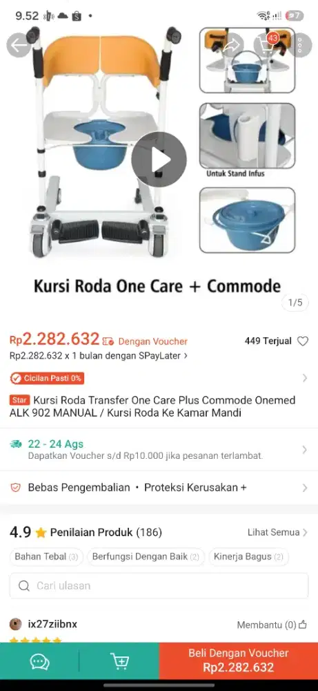 Kursi Roda Transfer One Care Plus Commode / Kursi Roda Ke Kamar Mandi